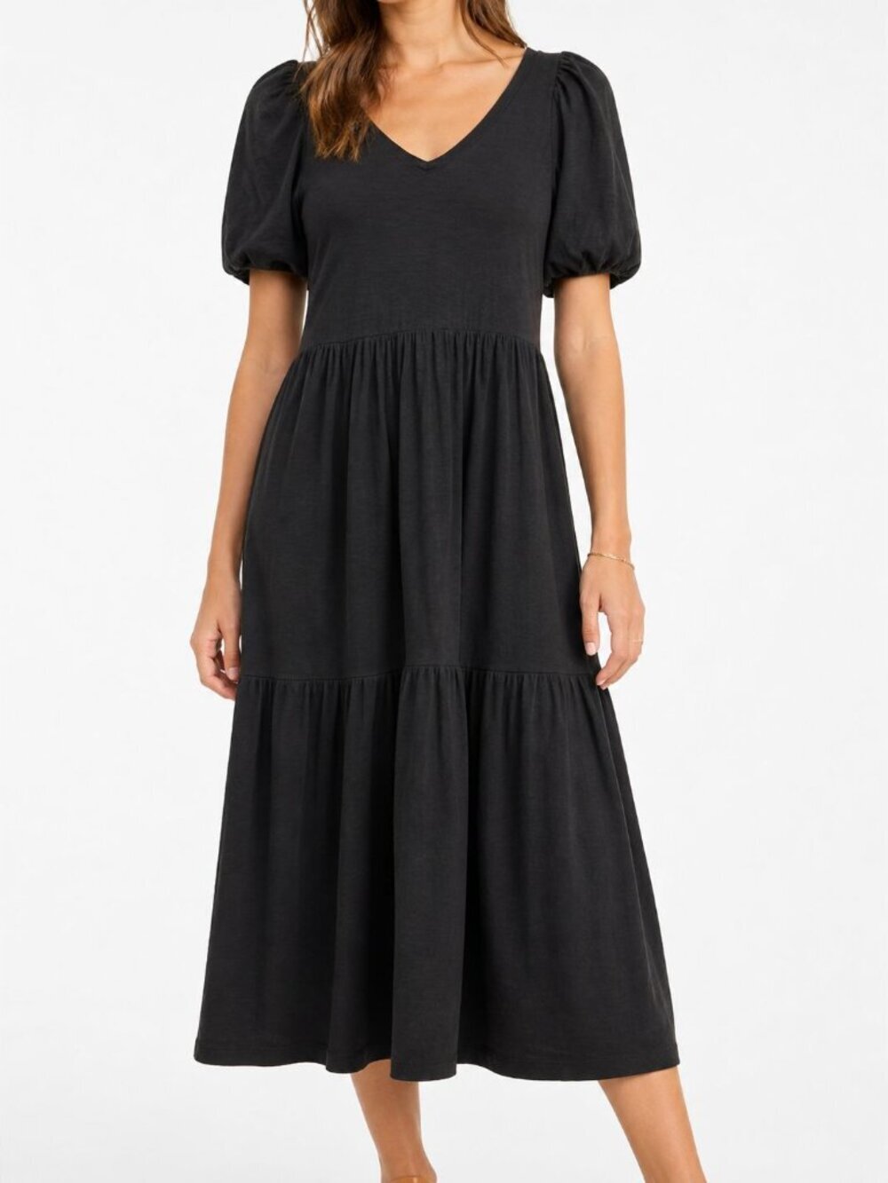 Nation LTD Womens Geri Tiered Dress Midi Black V-Neck Peasant Slub Cotton Size S
